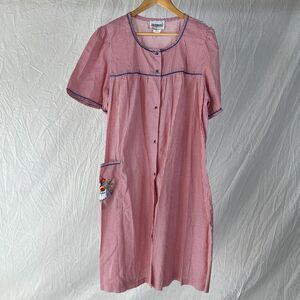 Vintage Crowntuft Housecoat Dress Nightgown Embroidered Floral Snap Up Sz L